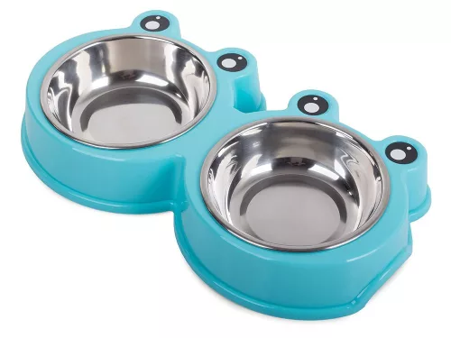 Bol dublu din inox pentru hrana sau apa animale, capacitate 2x0.3L, albastru