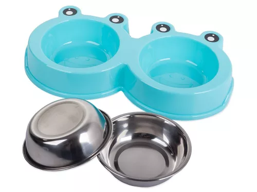 Bol dublu din inox pentru hrana sau apa animale, capacitate 2x0.3L, albastru