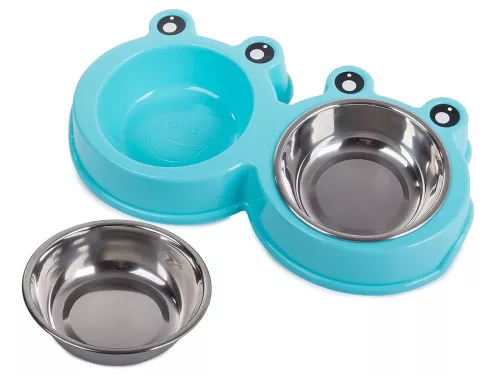Bol dublu din inox pentru hrana sau apa animale, capacitate 2x0.3L, albastru