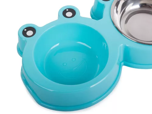 Bol dublu din inox pentru hrana sau apa animale, capacitate 2x0.3L, albastru