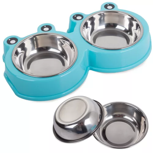 Bol dublu din inox pentru hrana sau apa animale, capacitate 2x0.3L, albastru