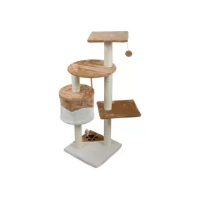   Ansamblu de joaca VerkGroup, pentru pisici, tip turn, cu casuta si jucarii, 5 nivele, inaltime 111cm, culoare maro/alb