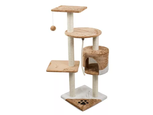 Ansamblu de joaca VerkGroup, pentru pisici, tip turn, cu casuta si jucarii, 5 nivele, inaltime 111cm, culoare maro/alb