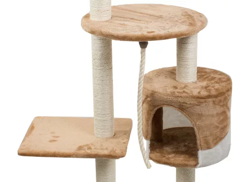 Ansamblu de joaca VerkGroup, pentru pisici, tip turn, cu casuta si jucarii, 5 nivele, inaltime 111cm, culoare maro/alb