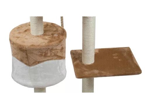 Ansamblu de joaca VerkGroup, pentru pisici, tip turn, cu casuta si jucarii, 5 nivele, inaltime 111cm, culoare maro/alb