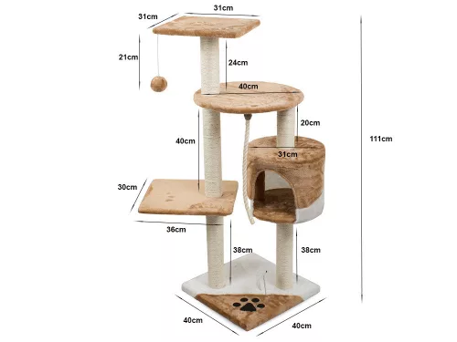 Ansamblu de joaca VerkGroup, pentru pisici, tip turn, cu casuta si jucarii, 5 nivele, inaltime 111cm, culoare maro/alb