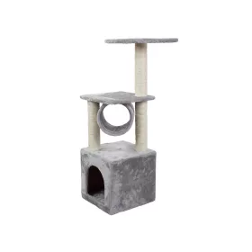   Ansamblu de Joaca pentru Pisici tip Turn, cu Jucarie si Casuta, 3 Nivele, Inaltime 92cm, Culoare Gri