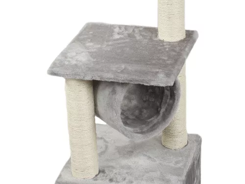 Ansamblu de Joaca pentru Pisici tip Turn, cu Jucarie si Casuta, 3 Nivele, Inaltime 92cm, Culoare Gri