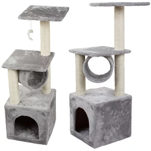 Ansamblu de Joaca pentru Pisici tip Turn, cu Jucarie si Casuta, 3 Nivele, Inaltime 92cm, Culoare Gri