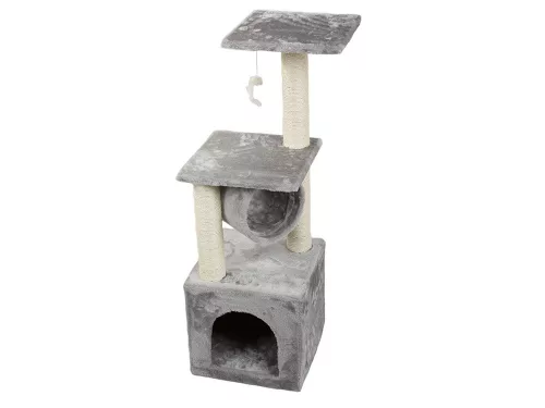 Ansamblu de Joaca pentru Pisici tip Turn, cu Jucarie si Casuta, 3 Nivele, Inaltime 92cm, Culoare Gri