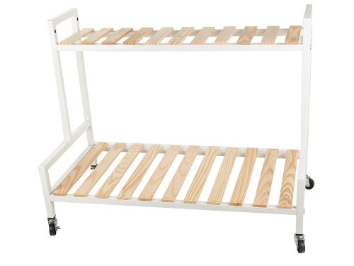 Fa virágtartó cserepes virágok számára kétszintes polc kerekeken teraszra