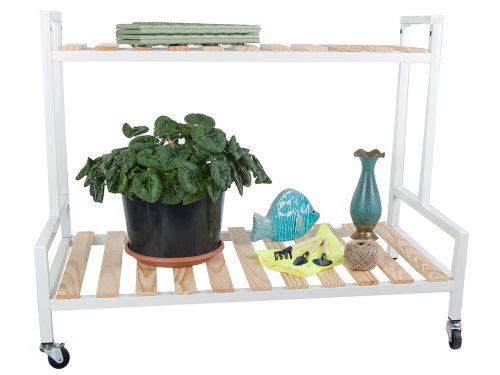 Fa virágtartó cserepes virágok számára kétszintes polc kerekeken teraszra