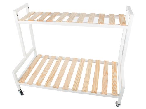 Fa virágtartó cserepes virágok számára kétszintes polc kerekeken teraszra