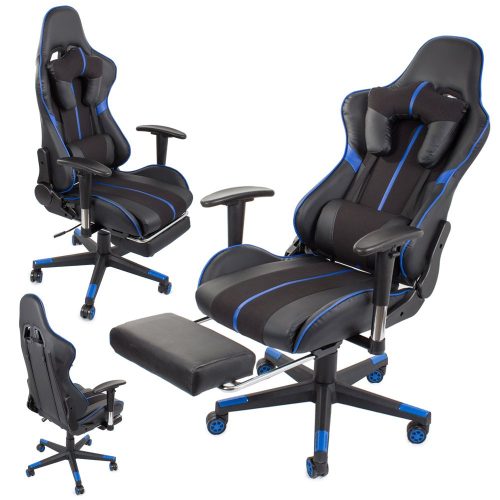 Irodai forgószék Gamer szék, lábtámasz, fekete/kék