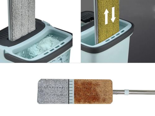 Kétkamrás lapos felmosó vödör kicsavaróval a padló tisztításához, 3x párna