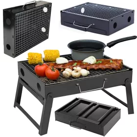   Utazó grill hordozható összecsukható tok faszén kemping bbq ezüst