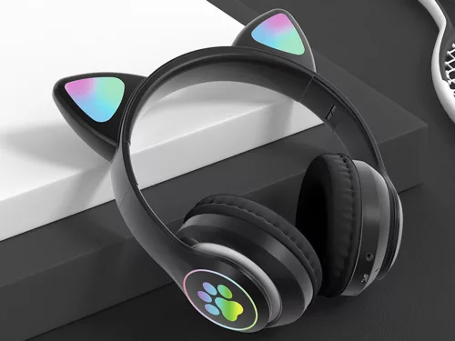 Vezeték nélküli fejhallgató bluetooth rádió fm mp3 macskafül led háttérvilágítással fekete