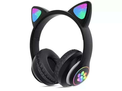 Vezeték nélküli fejhallgató bluetooth rádió fm mp3 macskafül led háttérvilágítással fekete