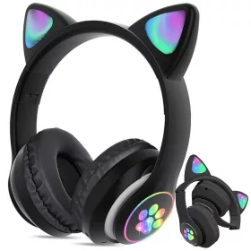   Vezeték nélküli fejhallgató bluetooth rádió fm mp3 macskafül led háttérvilágítással fekete