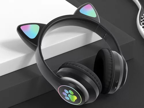 Vezeték nélküli fejhallgató bluetooth rádió fm mp3 macskafül led háttérvilágítással fekete