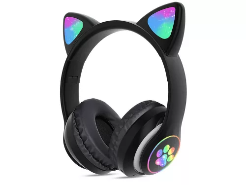 Vezeték nélküli fejhallgató bluetooth rádió fm mp3 macskafül led háttérvilágítással fekete