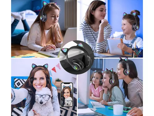 Vezeték nélküli fejhallgató bluetooth rádió fm mp3 macskafül led háttérvilágítással fekete