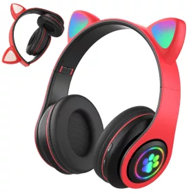  Vezeték nélküli fejhallgató bluetooth rádió fm mp3 macskafül led háttérvilágítással piros