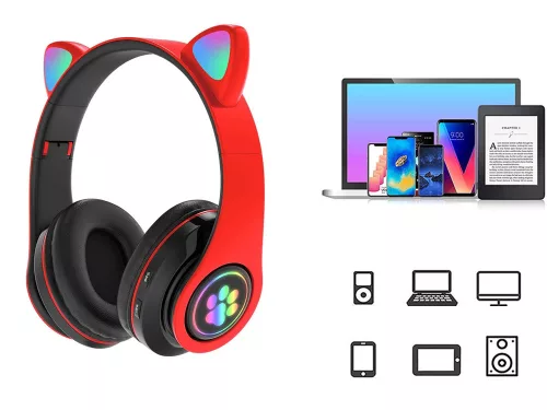 Vezeték nélküli fejhallgató bluetooth rádió fm mp3 macskafül led háttérvilágítással piros