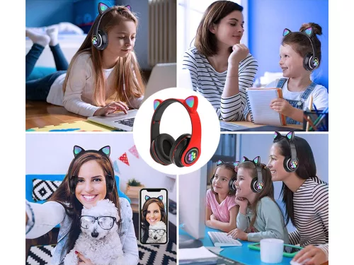 Vezeték nélküli fejhallgató bluetooth rádió fm mp3 macskafül led háttérvilágítással piros