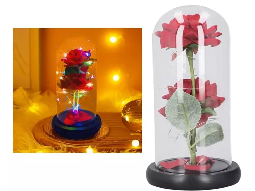 Örök rózsa üvegben, izzó RGB LED, piros ajándék nőknek