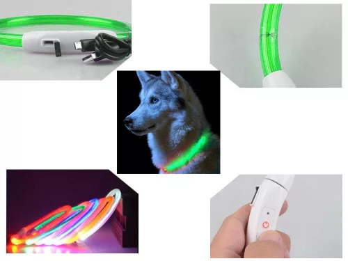 Led nyakörv kutyáknak és macskáknak vízálló állítható 47cm usb zöld
