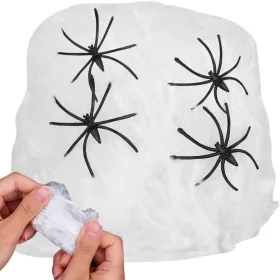   Mesterséges fehér pókháló 4 pókkal halloween dekoráció nyújtható