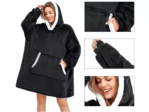 Meleg meleg pulóver oversize takaró xxl 2in1 vastag szőrme puha kapucnis köpeny fekete