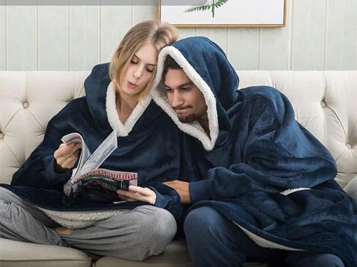 meleg pulóver oversize takaró xxl 2in1 vastag szőrme puha kapucnis köpeny sötékkék