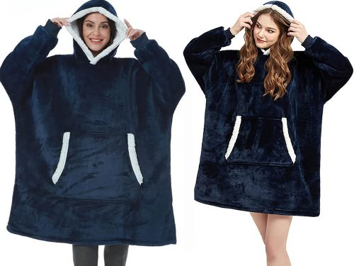 meleg pulóver oversize takaró xxl 2in1 vastag szőrme puha kapucnis köpeny sötékkék