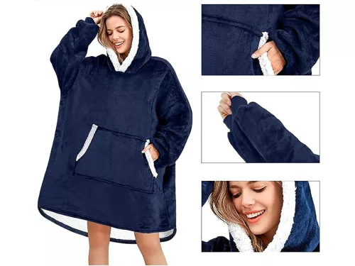 meleg pulóver oversize takaró xxl 2in1 vastag szőrme puha kapucnis köpeny sötékkék