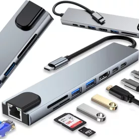   Hub adapter 8in1 connector 2x usb-c thunderbolt 3 2xusb hdmi sd rj45