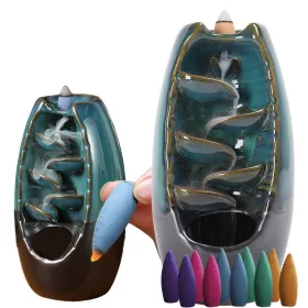   Arzător de tămâie parfumat din ceramică, tip cascadă, pentru aromaterapie, albastru + 10 fitiluri