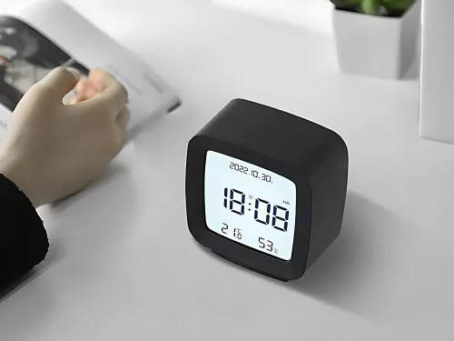 Ébresztőóra dátummal és hőmérséklettel szundi funkcióval lcd nedvességmérő fekete