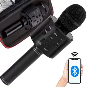  Vezeték nélküli mikrofon bluetooth karaoke hangszóró kerek tokkal különböző módok fekete