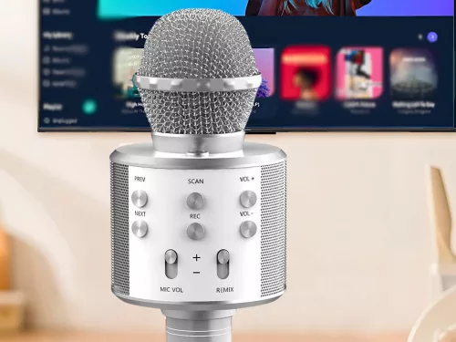 Vezeték nélküli mikrofon bluetooth karaoke hangszóró kerek tokkal különböző módok ezüst
