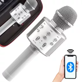   Vezeték nélküli mikrofon bluetooth karaoke hangszóró kerek tokkal különböző módok ezüst
