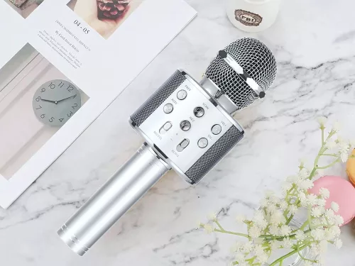 Vezeték nélküli mikrofon bluetooth karaoke hangszóró kerek tokkal különböző módok ezüst