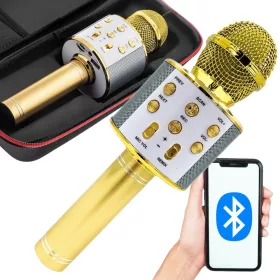  Vezeték nélküli mikrofon bluetooth karaoke hangszóró kerek tokkal különböző módok arany