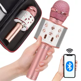   Vezeték nélküli mikrofon bluetooth karaoke hangszóró kerek tokkal különböző módok rózsaszín