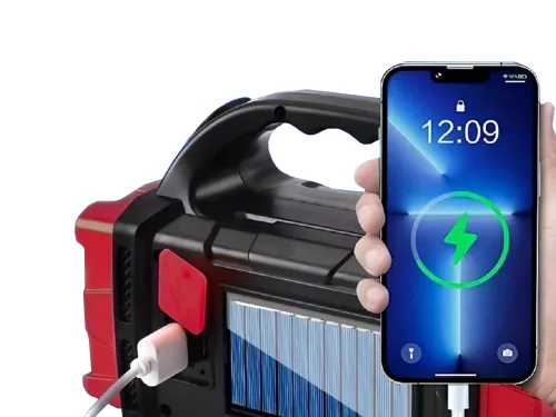 Napelemes zseblámpa, hordozható, újratölthető LED-es cob powerbank reflektor piros