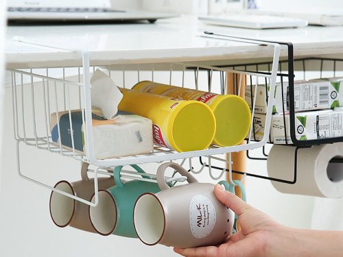 Fém kosár polc alá, 5 akasztós, törlőkendőtartó fehér