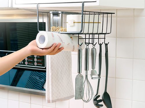 Fém kosár polc alá, 5 akasztós, törlőkendőtartó fekete