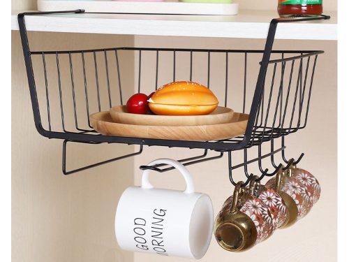 Fém kosár polc alá, 5 akasztós, törlőkendőtartó fekete