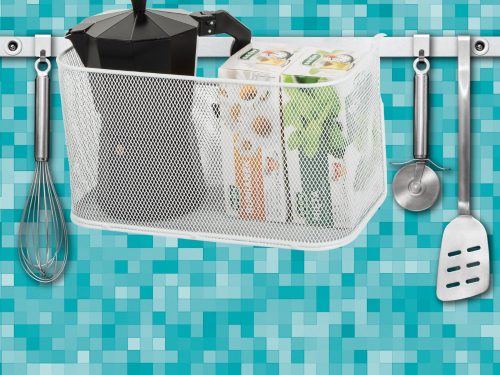 Kosár fém sínre szerelhető szervező függőkosár konyhai polc fehér